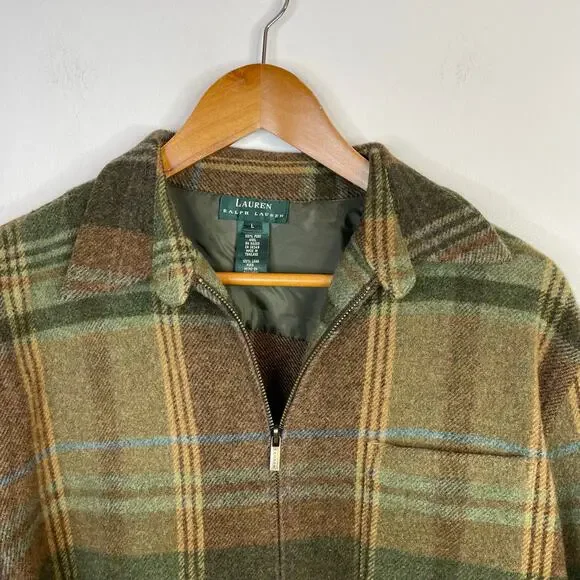 Vintage Lauren Ralph Lauren Wool Plaid Front Zip Jacket Shacket Shirt Womens L - Picture 2 of 11